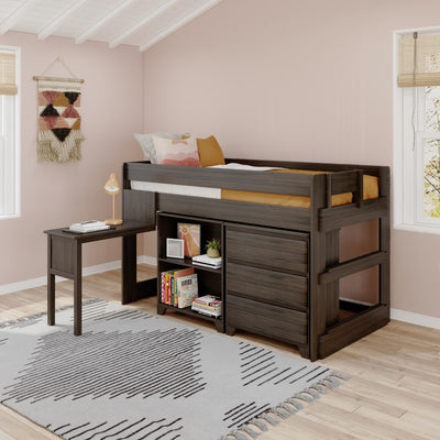 Dark wood loft bed with built-in desk and storage in a blush pink kids' bedroom with boho macrame wall hanging and striped area rug