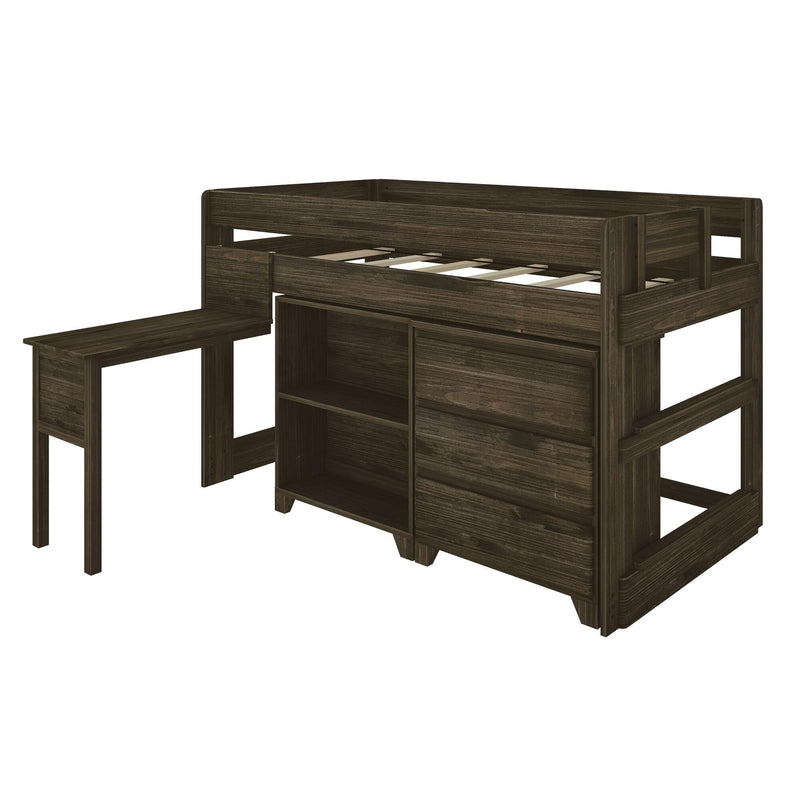 Loft bed with desk and storage in dark wood finish, ideal for maximizing small bedroom space.