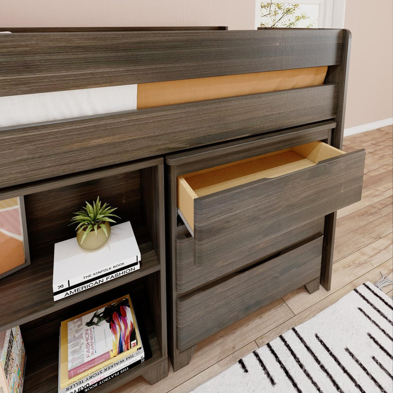 Dark wood loft bed with open drawer and bookshelves in a modern bedroom.