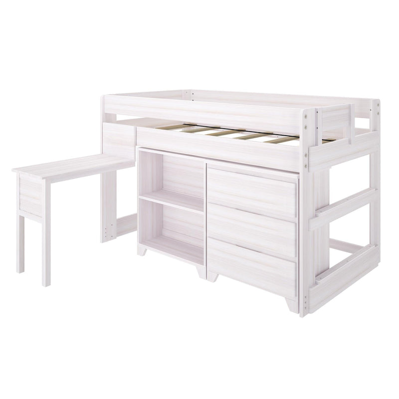 White wooden loft bed with integrated desk and storage drawers.
