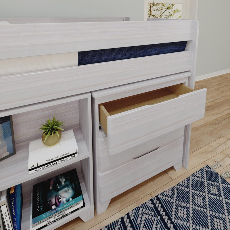 Whitewashed wooden loft bed with built-in bookshelf and pull-out storage drawers on hardwood floor beside blue patterned rug