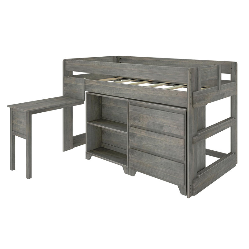 Gray wooden twin loft bed with built-in desk, open shelves and drawer storage, slatted mattress support, space-saving for kids' rooms