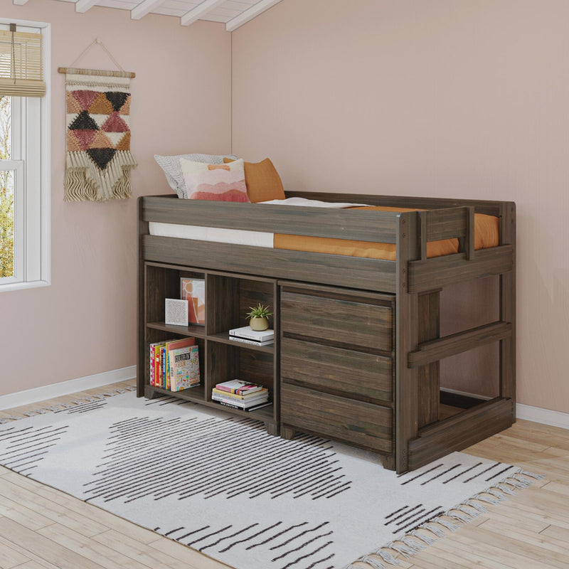 Children's room wooden loft bed with built-in bookshelf and storage, orange bedding, decorative pillows, boho woven wall hanging, striped area rug and bamboo-blind window on blush pink wall