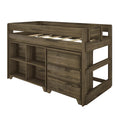 Dark brown wooden twin loft bed with built-in open shelving and three drawers, space-saving kids bedroom storage bed with rustic finish