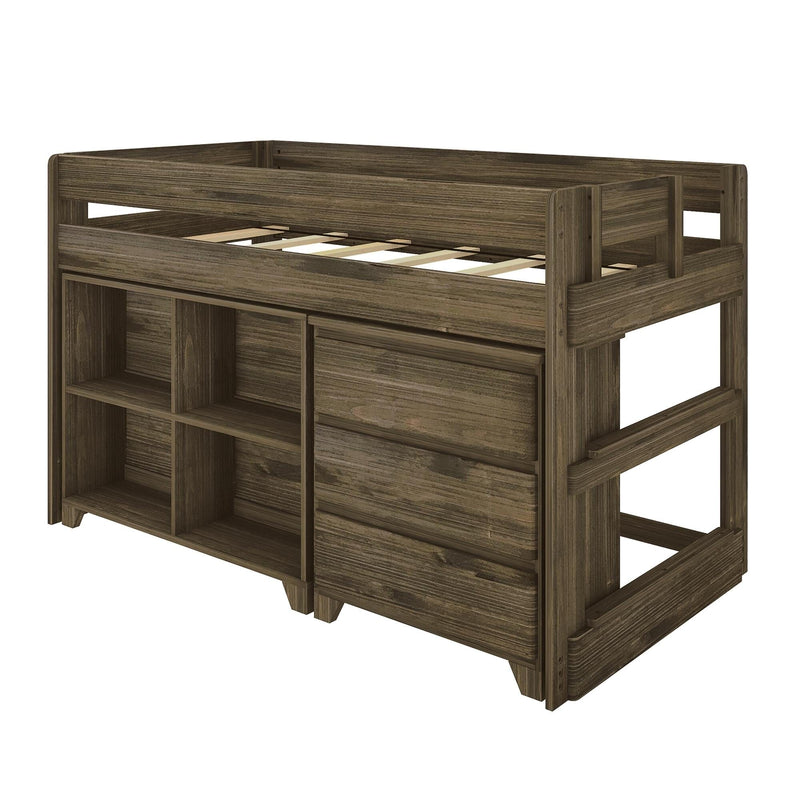 Dark brown wooden twin loft bed with built-in open shelving and three drawers, space-saving kids bedroom storage bed with rustic finish