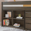 Dark walnut wooden loft bed with built-in open cubby bookshelf holding children's books, framed art, a small potted succulent and stacked books