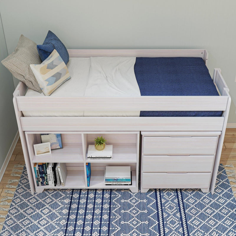 Loft bed with storage shelves and drawers, featuring a blue and white design on a patterned rug.