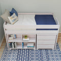 White loft bed with built-in shelves and drawers, navy bedding and pillows on blue patterned rug — kids' bedroom storage