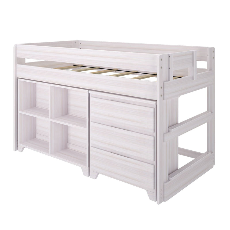 White wooden loft bed with storage drawers and shelves for kids' bedroom.