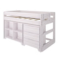 White wood twin loft bed with built-in storage shelves and drawers, safety rails and slatted mattress support — space-saving kids' bedroom furniture