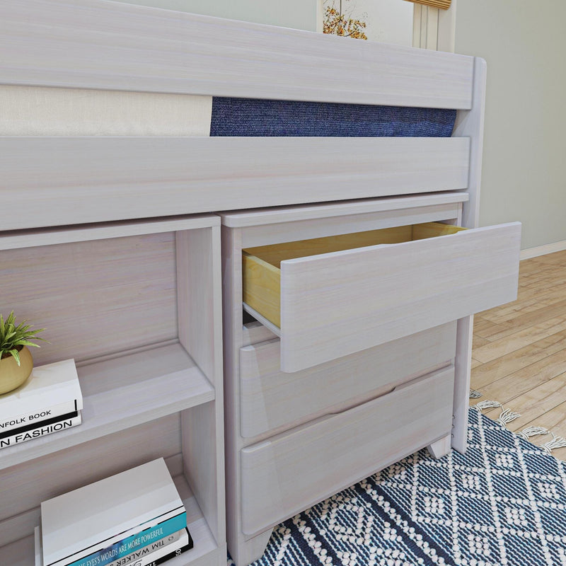 White wooden storage bed with open drawer, bookshelf, and decorative rug.