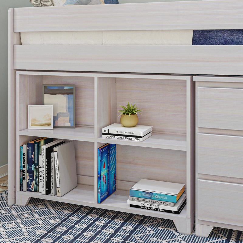 Modern wooden loft bed with built-in shelving and books, featuring a potted plant for a stylish bedroom design.
