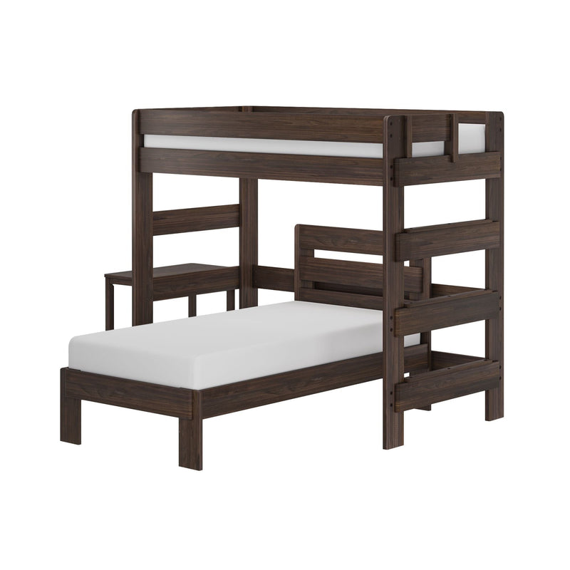 Dark brown solid wood twin-over-twin bunk bed with safety guardrails and ladder-style frame, space-saving kids' bed.