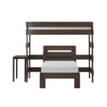Dark walnut twin-over-twin wooden bunk bed with ladder and guardrails, modern platform frame and white mattress, front view on white background