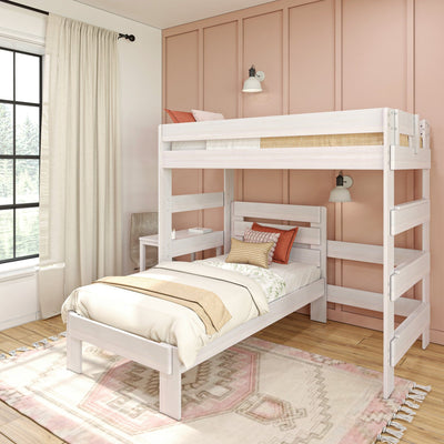White wooden bunk bed with trundle against a blush pink paneled accent wall in a cozy modern kids' bedroom with neutral bedding, textured pillows and cream curtains