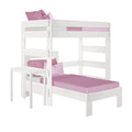 White wooden twin-over-twin bunk bed with pink bedding and pillows, built-in desk and guardrails, space-saving kids bedroom furniture