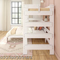 White wooden bunk bed in a bright Scandinavian-style kids' bedroom with blush pink wall, wood floors, boho rug and large window