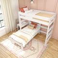 White wooden L-shaped loft bunk bed with twin mattresses in cozy kids bedroom, pink accent wall and boho rug