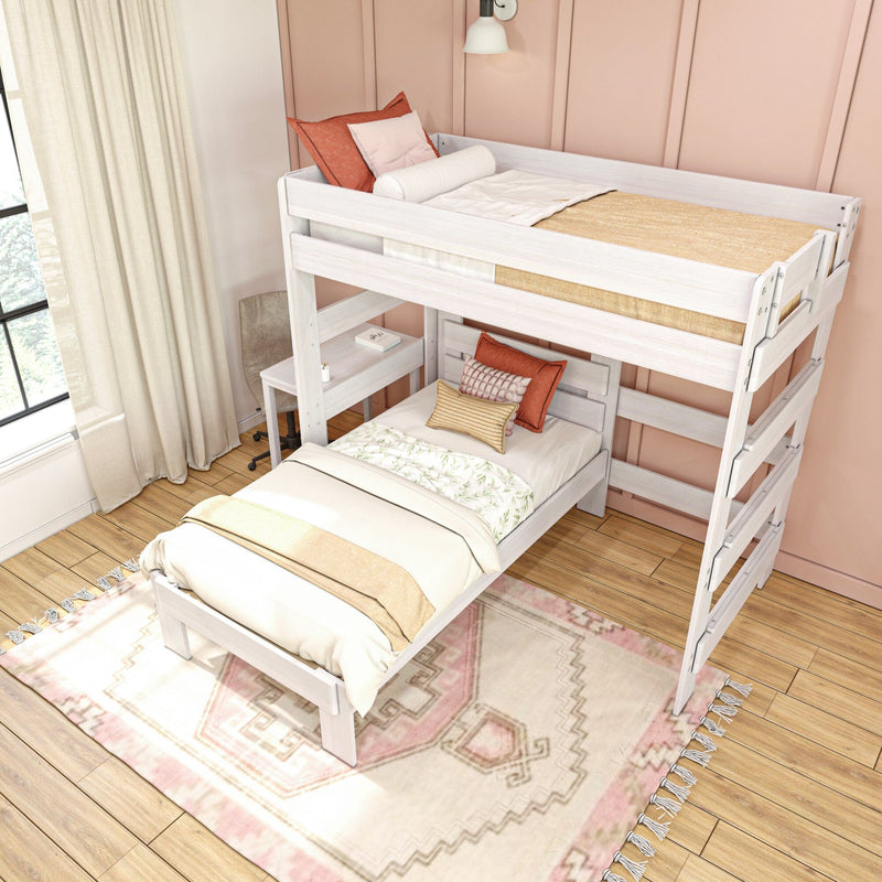 White wooden L-shaped loft bunk bed with twin mattresses in cozy kids bedroom, pink accent wall and boho rug