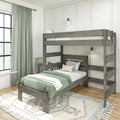Gray wood twin-over-twin bunk bed with green bedding and pillows in a bright kids' bedroom featuring sage curtains, white paneled walls, and a patterned rug
