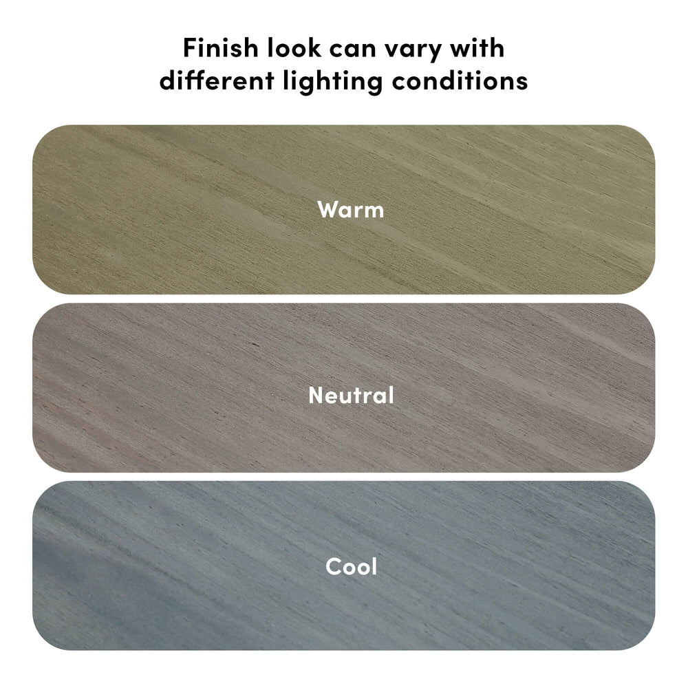 Wood finish variations showing warm, neutral, and cool tones under different lighting conditions.