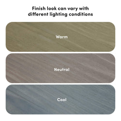Wood finish variations showing warm, neutral, and cool tones under different lighting conditions.