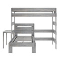 Gray weathered wood twin-over-twin bunk bed with slatted platform, safety guardrails and ladder in a modern farmhouse finish