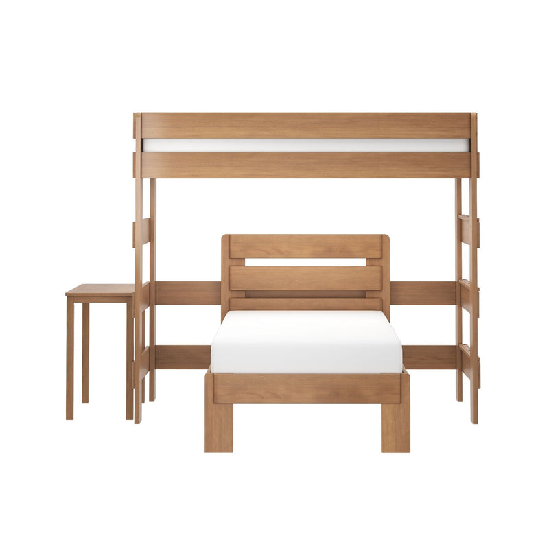 Natural wood twin bunk bed frame with white mattress, ladder and small side table on white background, modern minimalist bedroom furniture