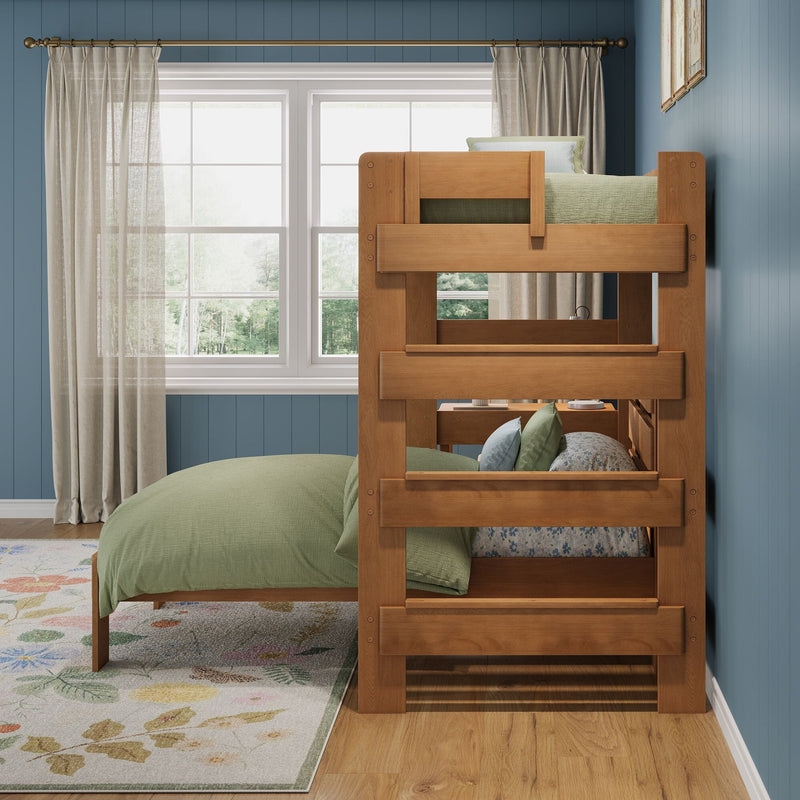 Wooden bunk bed with green bedding in a bright kids' bedroom with blue paneled wall, large window, sheer curtains and floral rug