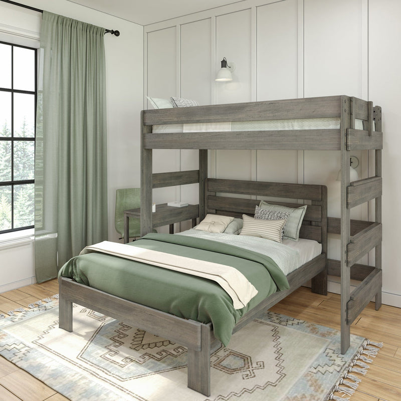Rustic gray wood loft bunk bed with green bedding, built-in desk, wall sconce and sage curtains in a modern farmhouse kids' bedroom