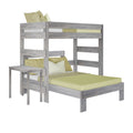 Gray wood loft-style bunk bed with green bedding and pillows, safety rails and integrated side table, modern farmhouse kids' bedroom furniture