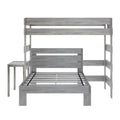 Gray wooden twin-over-full bunk bed frame with slatted headboards, ladder supports, center metal mattress straps and rustic weathered finish