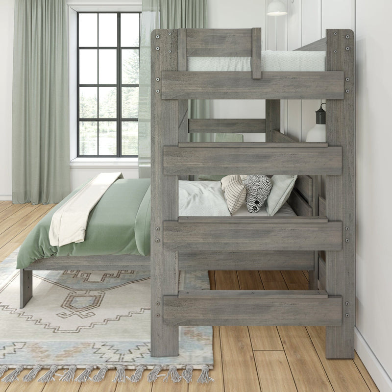Gray wooden bunk bed with green bedding and patterned pillows in a modern bedroom with large grid window and sage curtains