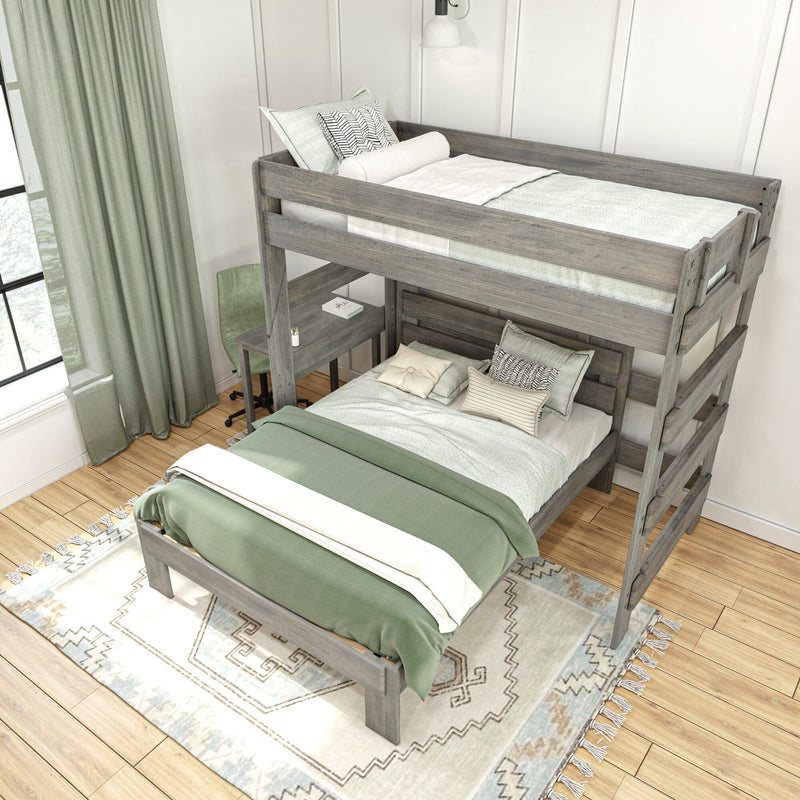 Rustic gray twin-over-twin loft bunk bed with built-in desk, light green bedding and curtains and decorative pillows in a modern farmhouse kids' bedroom