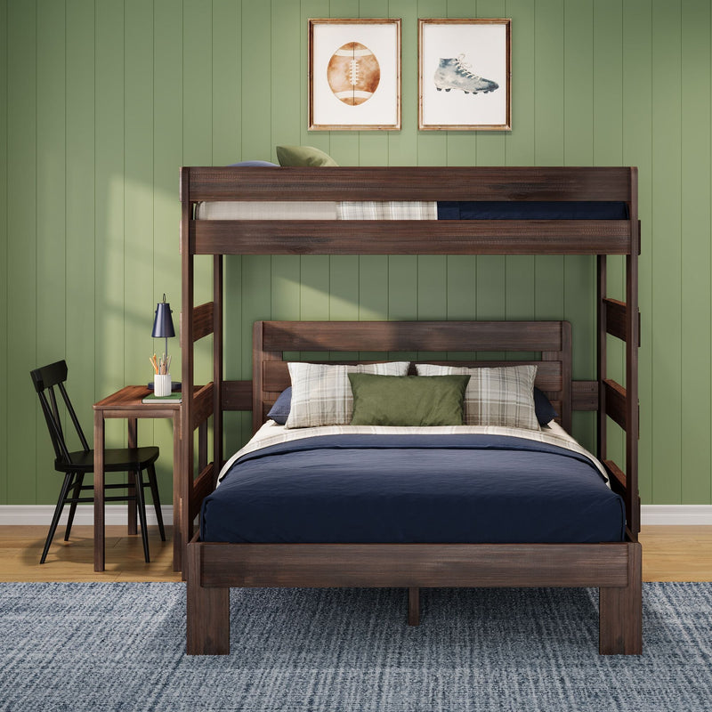 Dark walnut wooden bunk bed with navy bedding and plaid pillows against sage green paneled wall, small desk with lamp and sports wall art, kids' bedroom interior