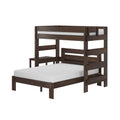 Dark walnut twin bunk bed with white mattresses, integrated ladder and safety guardrails, modern space-saving children's loft bed