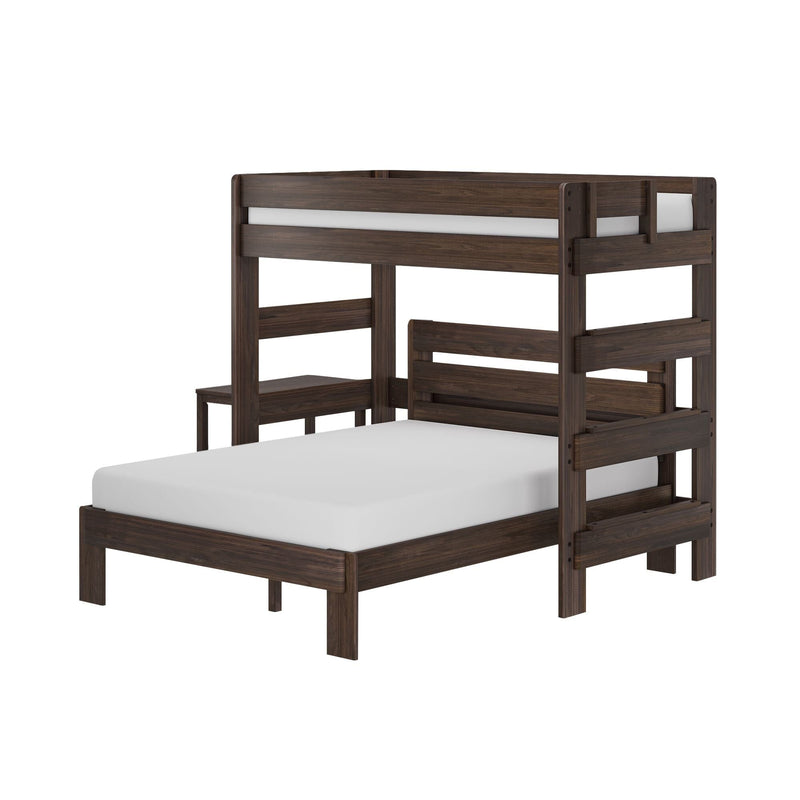 Dark walnut twin bunk bed with white mattresses, integrated ladder and safety guardrails, modern space-saving children's loft bed