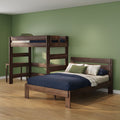 Solid wood twin-over-twin bunk bed and matching single bed in a modern green bedroom with navy bedding and hardwood floors