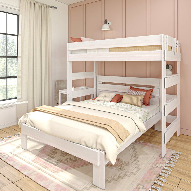 Stylish modern bedroom with wood bunk bed, beige and pink decor, natural light through a large window.