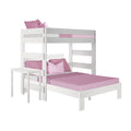 White wooden twin-over-full bunk bed with pink bedding and pillows, modern kids loft bed with guardrails and ladder
