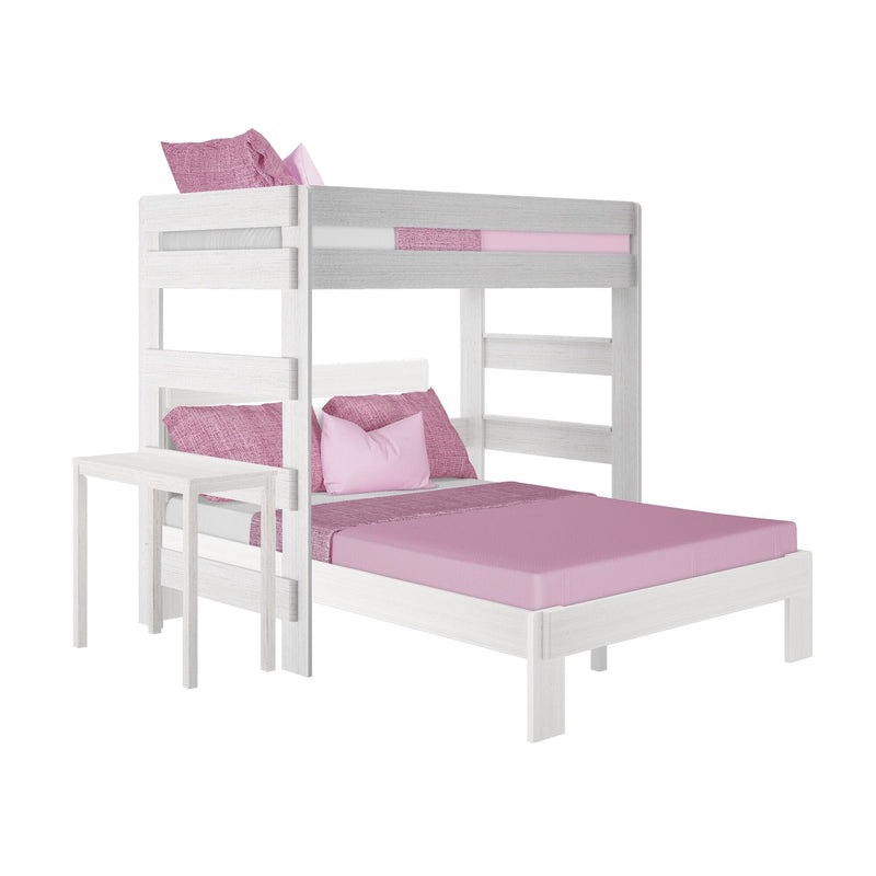 White wooden twin-over-full bunk bed with pink bedding and pillows, modern kids loft bed with guardrails and ladder