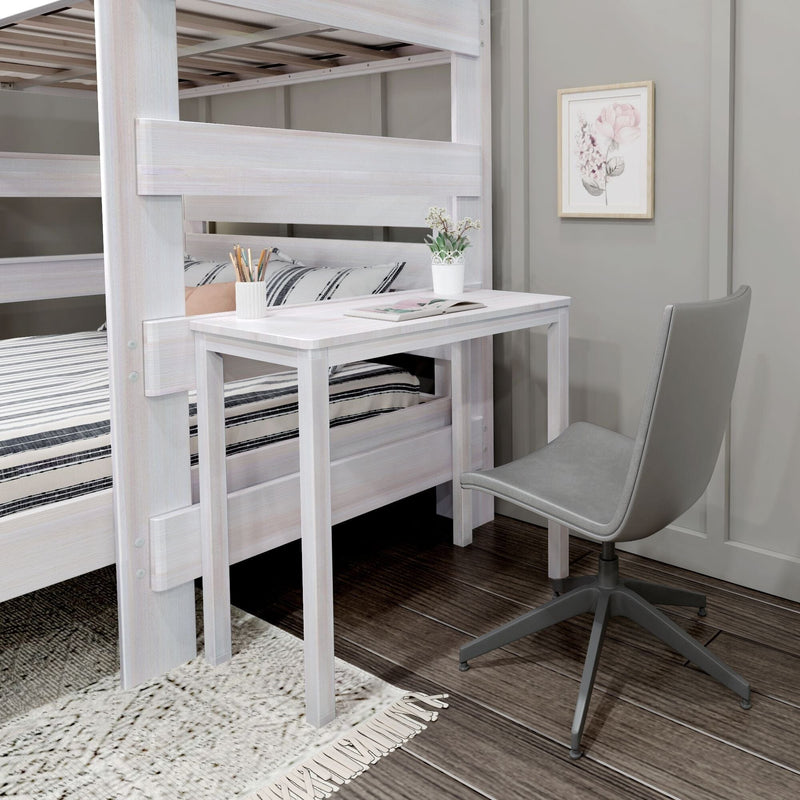 Space-saving whitewashed wooden bunk bed with built-in desk and striped bedding in a modern farmhouse kids bedroom featuring a gray swivel chair, potted plant, pencil holder, framed floral art and dark wood floors