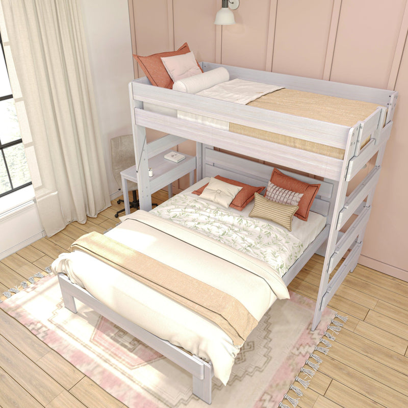 White wooden loft-style bunk bed in a kids' bedroom with study desk, neutral boho bedding, terracotta accent pillows, sheer curtains and hardwood floor
