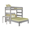 Weathered gray wooden twin-over-full bunk bed with integrated ladder, small side table and pale green bedding and pillows on a white background