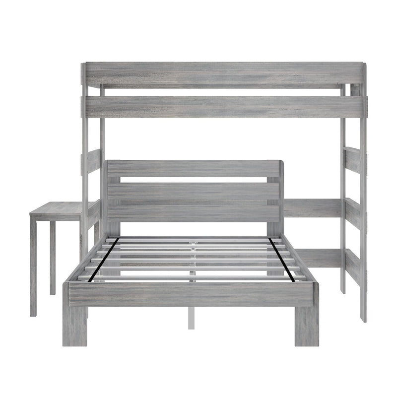 Gray weathered wood bunk bed frame with slatted mattress support and upper guardrail, modern rustic finish