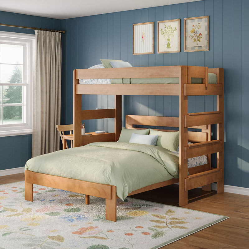 Natural wood bunk bed with sage green bedding in a kids bedroom against a blue vertical paneled wall, floral area rug, framed botanical prints and window with beige curtains