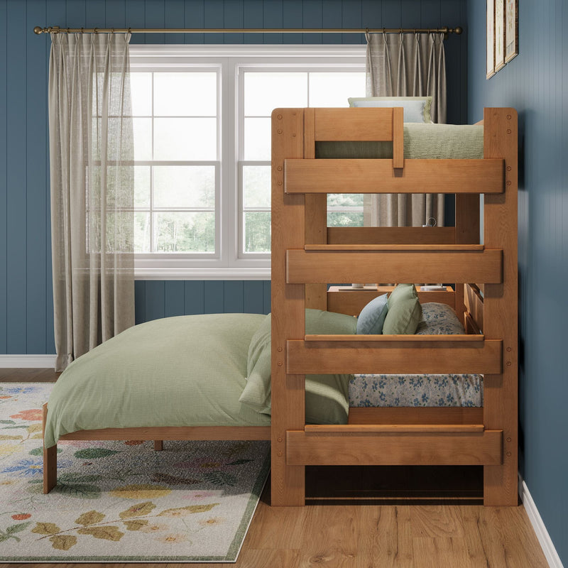 Solid wood bunk bed with sage green bedding in a bright kids' bedroom with blue paneled walls, large window and sheer curtains