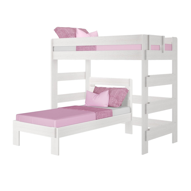 White wooden loft bunk bed frame with pink bedding and pillows for children or teenagers.