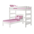 White wooden twin-over-twin bunk bed with pink bedding, ladder and guardrails, modern kids' bedroom furniture with farmhouse finish