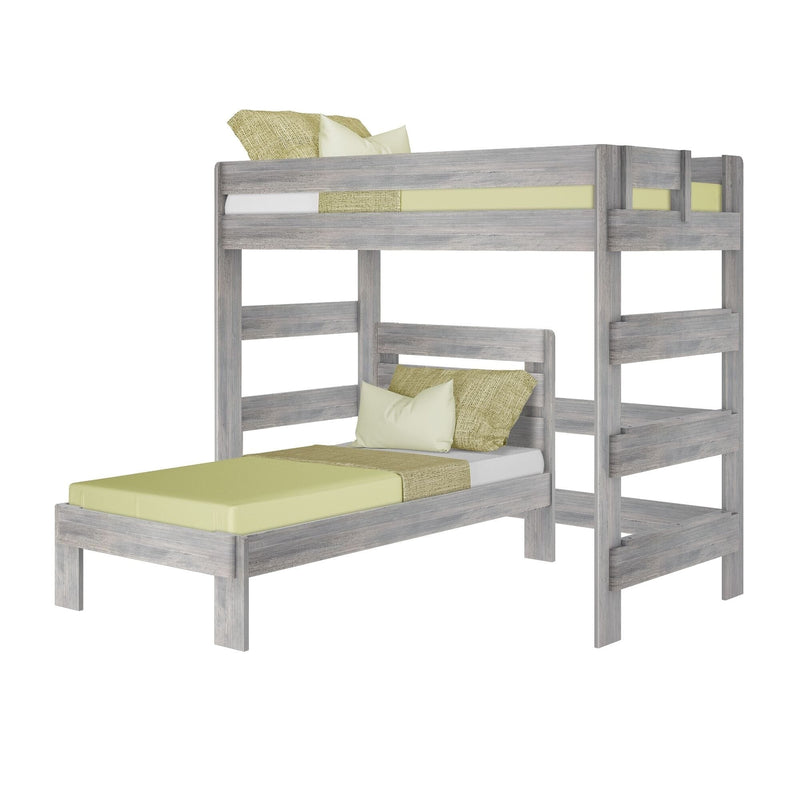 Space-saving L-shaped twin-over-twin bunk bed in weathered gray wood finish with green bedding, ladder and guardrails